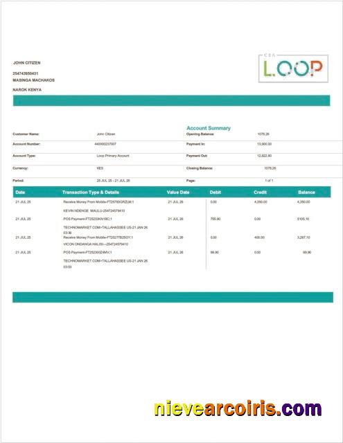 Kenya Loop Bank account statement Word and PDF